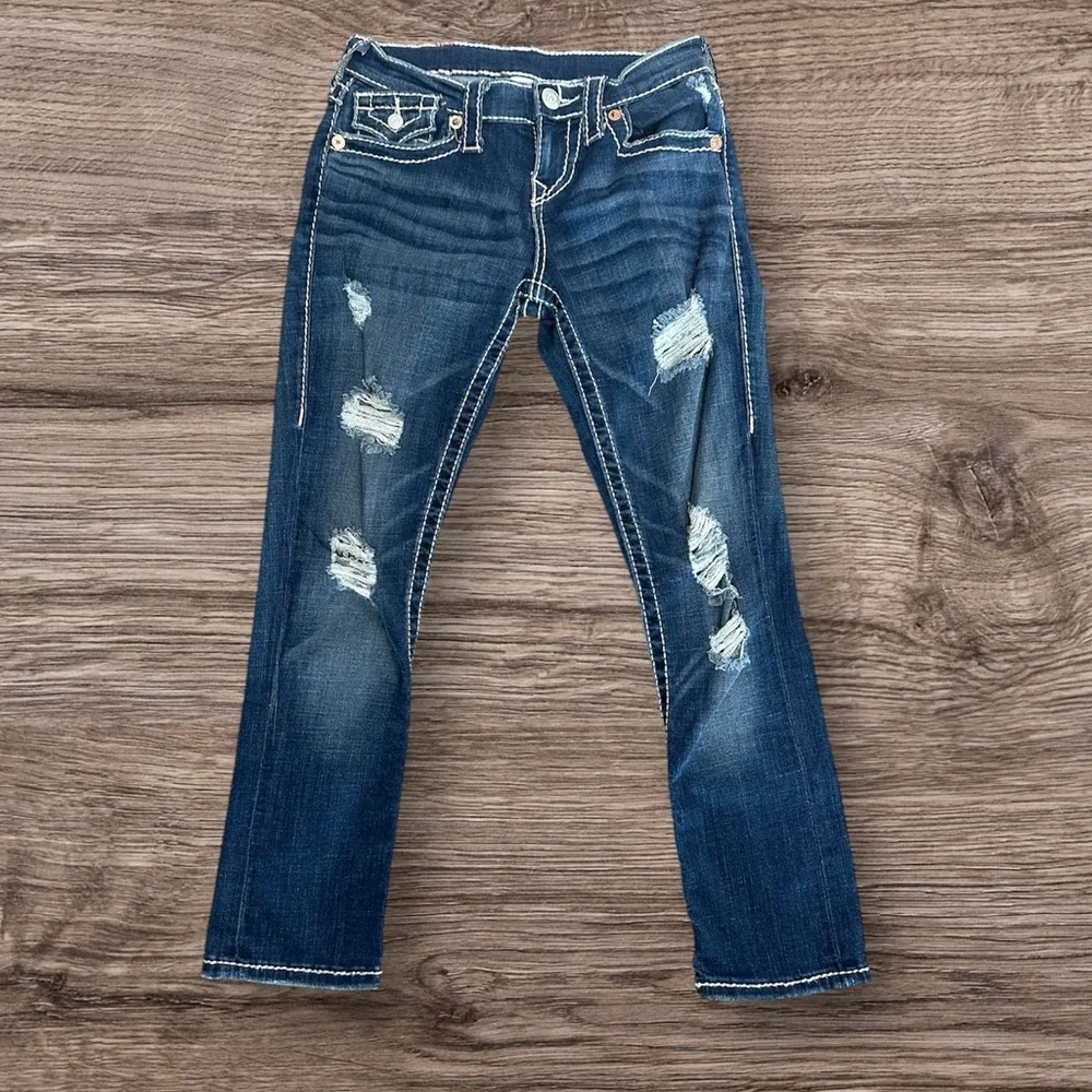 True Religion sz 25 capri skinny jeans distressed Strech - Picture 2 of 10